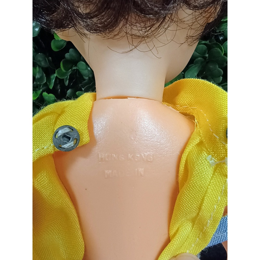 Vintage Plastic Doll Blue Overalls Yellow Shirt Blue Eyes Curly Hair Hong Kong - Picture 8 of 10